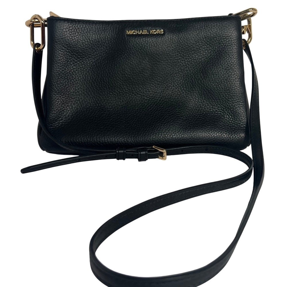 Michael Kors Trisha Crossbody Women Medium Black Pebbled Leather Gold Hardware
